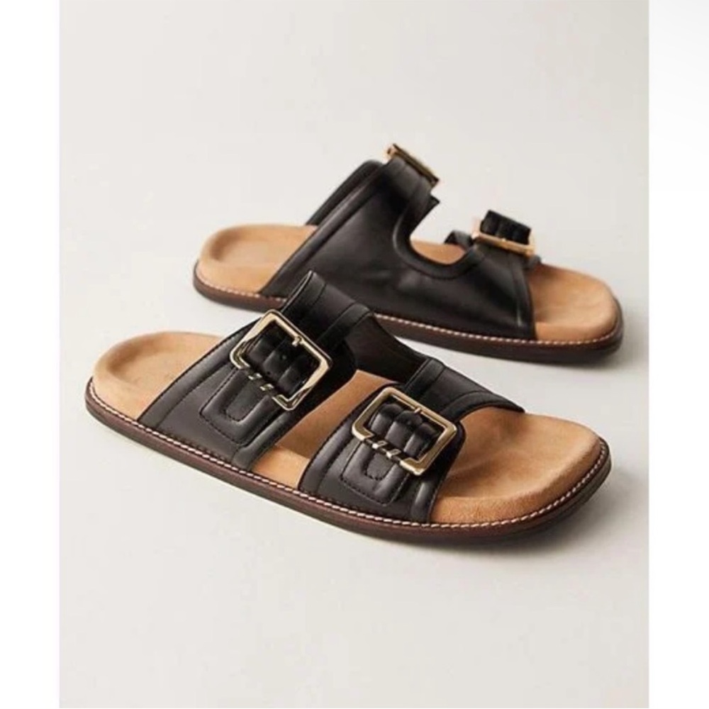 NWOB Free People Women’s Sage Square Toe Footbed Slides in Black Leather